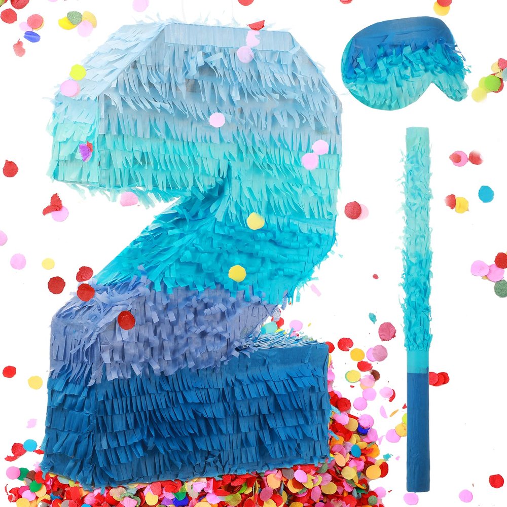 Sratte Number 1 2 3 4 5 6 7 8 9 Piata with Stick Blindfold Confetti, Gradient Blue Piata for Kids Boys Girls Birthday Party Anniversary Decorations Supplies(Number 2)