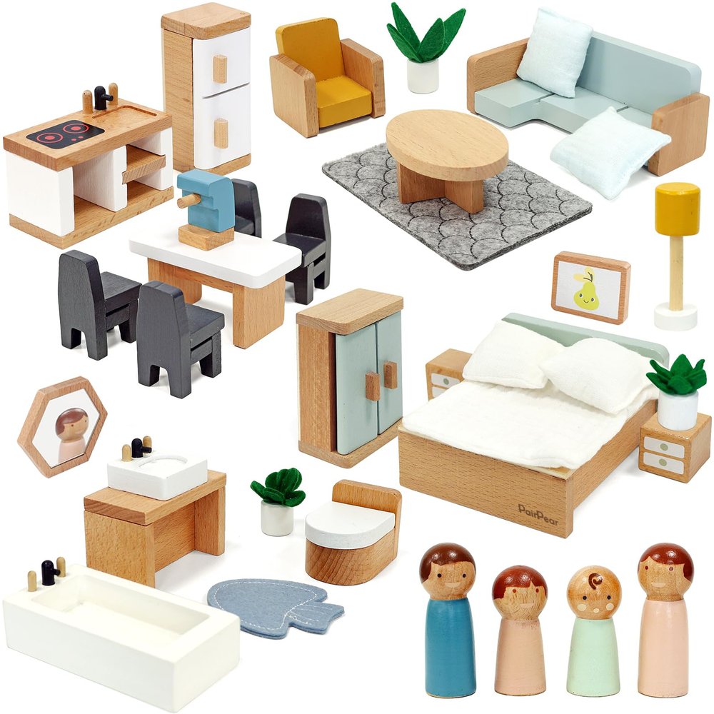 PairPear Wooden Toys Dollhouse Furniture Playset,35 Piece Furnitures with Family Dolls,Doll House Accessories Pretend Play Gift for Girls and Boys 3 Year and Up