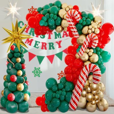 Christmas Balloons Garland Arch Kit With Red Green Gold Tree Candy Cane Golden Water Droplets Exploding Star Balloon for Christmas Party Decorations
