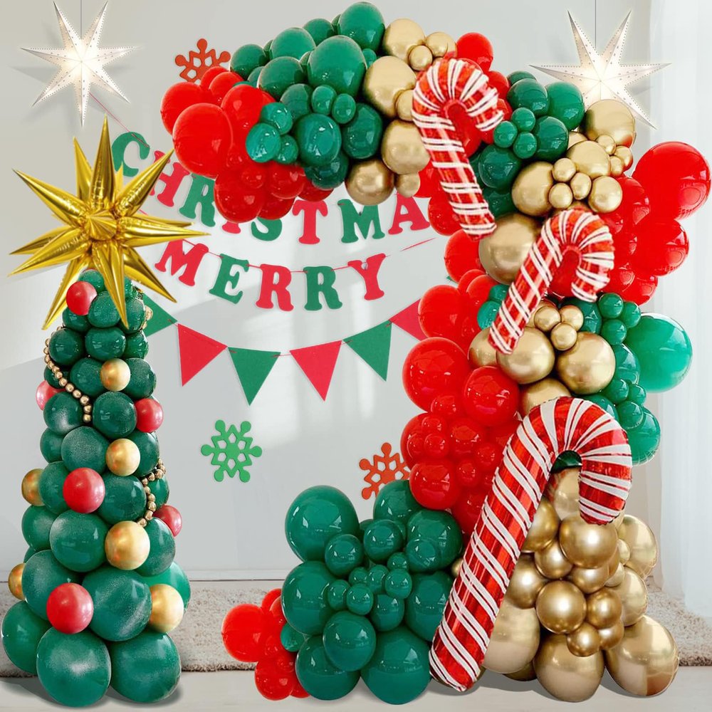 Christmas Balloons Garland Arch Kit With Red Green Gold Tree Candy Cane Golden Water Droplets Exploding Star Balloon for Christmas Party Decorations