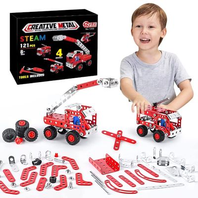 Ferthor Fun Stem Building Toys for Boys Age 8-12,Creative Sets Fire Trucks Series Model Kit,Assembly Toys for Kids,Metal Building Blocks for Model 4 in 1 Fire Fighting Cars(121PCS)
