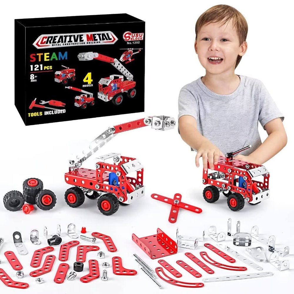 Ferthor Fun Stem Building Toys for Boys Age 8-12,Creative Sets Fire Trucks Series Model Kit,Assembly Toys for Kids,Metal Building Blocks for Model 4 in 1 Fire Fighting Cars(121PCS)