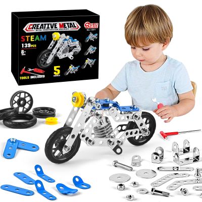 Ferthor Fun Creative Set Motorcycle,Stem Building Projects Toys for Kids 8 9 10 11 12+ Year Old,Metal Building Construction Model kit, 5 in 1 Motobike Building Blocks Steam Educational Toys(139PCS)