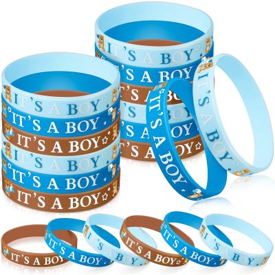 Zomiboo 36 Pieces Baby Shower Rubber Bracelets It's a Boy It's a Girl Wristbands Bear Elephant Baby Shower Decorations for Adult Party Favor Gender Reveal Party Supplies(Boy,Brown Blue)