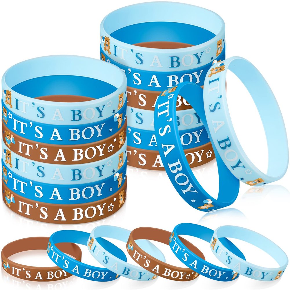 Zomiboo 36 Pieces Baby Shower Rubber Bracelets It's a Boy It's a Girl Wristbands Bear Elephant Baby Shower Decorations for Adult Party Favor Gender Reveal Party Supplies(Boy,Brown Blue)
