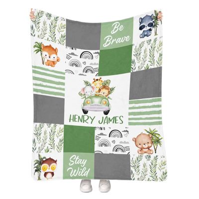 Artsadd Personalized Woodland Nursery Blanket with Name, Custom Baby Boy Jungle Animal Blanket, Customized Safari Baby Swaddle Throw Blankets for Kids Boys Girls Toddler Baby Shower Birthday