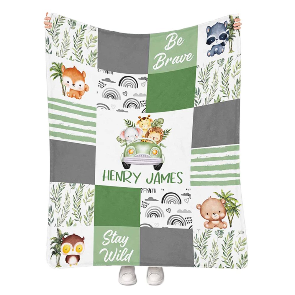 Artsadd Personalized Woodland Nursery Blanket with Name, Custom Baby Boy Jungle Animal Blanket, Customized Safari Baby Swaddle Throw Blankets for Kids Boys Girls Toddler Baby Shower Birthday