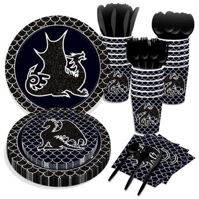 116-Piece Black Dragon Party Supplies Tableware Set, Disposable Bulk Dragon Themed Party Supplies Tablewares, Black Disposable Paper Dinner Dessert Plates Napkins Forks Tableware Set, Serves 16 Guests