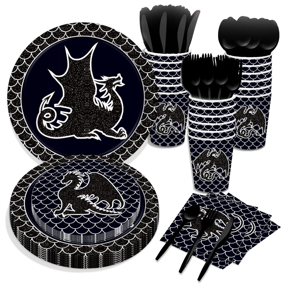 116-Piece Black Dragon Party Supplies Tableware Set, Disposable Bulk Dragon Themed Party Supplies Tablewares, Black Disposable Paper Dinner Dessert Plates Napkins Forks Tableware Set, Serves 16 Guests