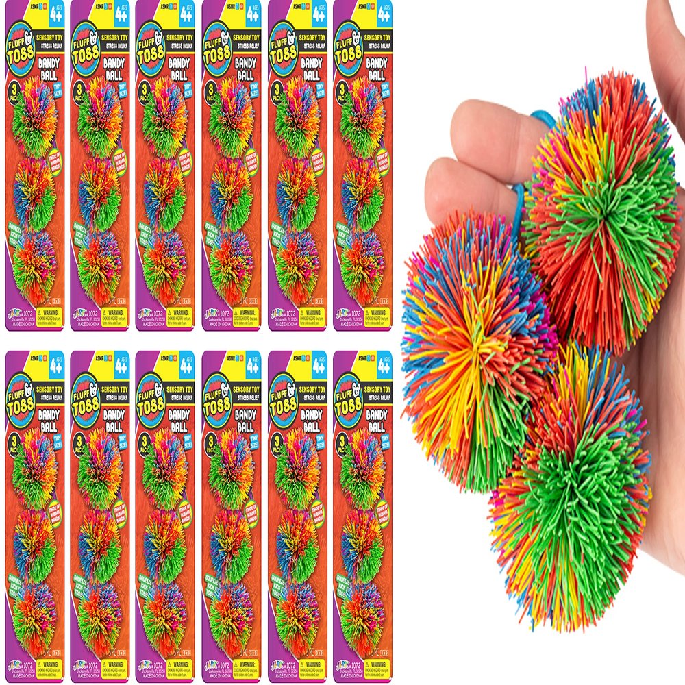 JA-RU Fluff & Toss Mini Stringy Balls for Kids (12 Pack, 3 Each) Sensory Stress Toys With Soft Rubber Strings. Silent Fidget Toys. Bulk Party Favors. 1072-12s