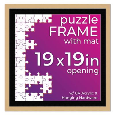 19x19 Jigsaw Puzzle Frame Kit - Kit Includes Puzzle Glue Sheets, Brown Wood Puzzle Frame with Black Mat, UV Acrylic, Backing, Hanging Hardware