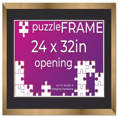 24x32 Jigsaw Puzzle Frame Kit - Kit Includes Puzzle Glue Sheets, Bronze Wood Puzzle Frame with Black Mat, UV Acrylic, Backing, Hanging Hardware