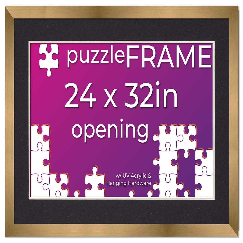 24x32 Jigsaw Puzzle Frame Kit - Kit Includes Puzzle Glue Sheets, Bronze Wood Puzzle Frame with Black Mat, UV Acrylic, Backing, Hanging Hardware