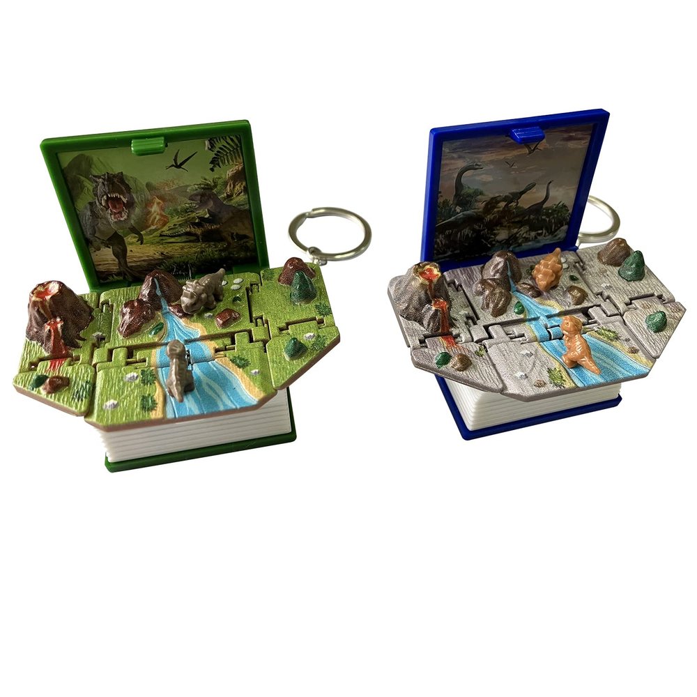 Davidamy's Gift Mini Keychain, Dinosaur Toy, Pop-up Book, Miniature of Dinosaur Word Scene, Backpack for Kids Teenagers, Gift for Party Birthday etc. -Pack of 2PCS (Blue+Green Dinosaur Books)