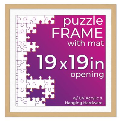 19x19 Jigsaw Puzzle Frame Kit - Kit Includes Puzzle Glue Sheets, Brown Wood Puzzle Frame with White Mat, UV Acrylic, Backing, Hanging Hardware