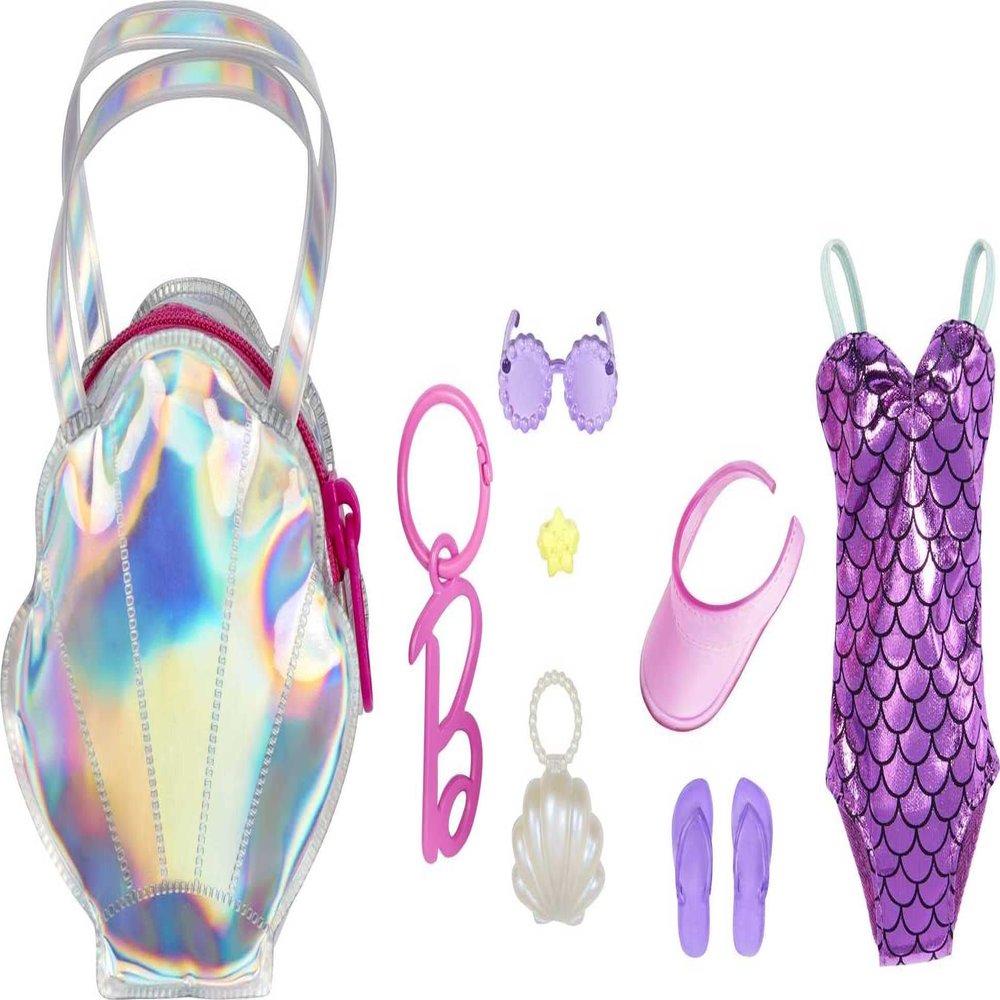 Barbie Clothes Set, Beach-Themed with Swimsuit, 5 Acessories & Zippered Doll-Sized Shell-Shaped Bag with Clip-On Ring, Iridescent