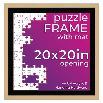 20x20 Jigsaw Puzzle Frame Kit - Kit Includes Puzzle Glue Sheets, Brown Wood Puzzle Frame with Black Mat, UV Acrylic, Backing, Hanging Hardware