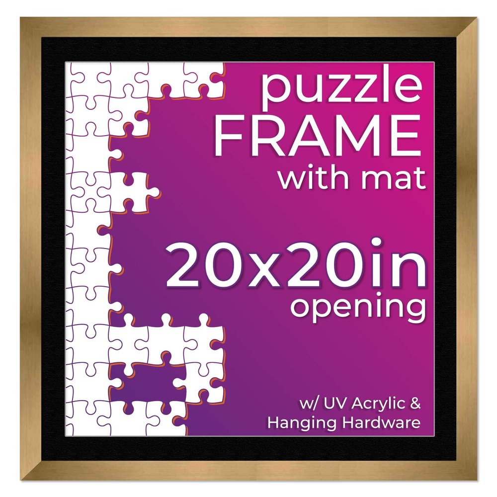 20x20 Jigsaw Puzzle Frame Kit - Kit Includes Puzzle Glue Sheets, Bronze Wood Puzzle Frame with Black Mat, UV Acrylic, Backing, Hanging Hardware