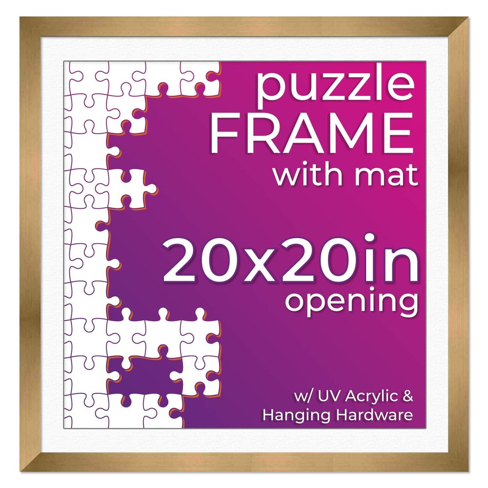 20x20 Jigsaw Puzzle Frame Kit - Kit Includes Puzzle Glue Sheets, Bronze Wood Puzzle Frame with White Mat, UV Acrylic, Backing, Hanging Hardware
