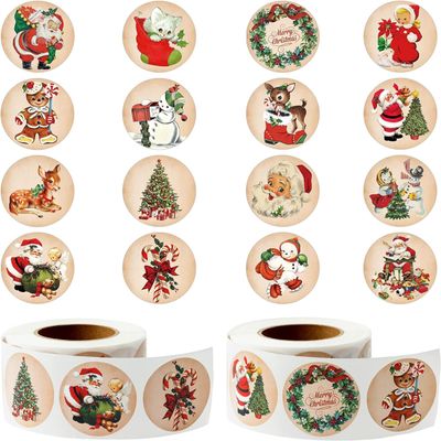 Wicwey Vintage Christmas Sticker Rolls - 1000Pcs Christmas Cartoon Round Stickers (2 Rolls), Retro Santa Snowman Designs Self-adhesive Decorative Decals for Gift Envelope Seal Water Bottle Party Favor