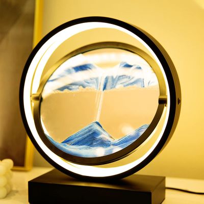 Glass Quicksand Painting, 3D Quicksand Art Sand Scene Dynamic Round Glass Sandscape Painting Desk Lamp Sand Painting Lamp (Color : Blue, Size : 29x10x33cm)