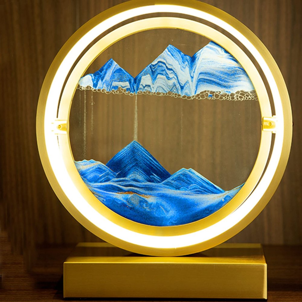 Glass Quicksand Painting, 3D Quicksand Art Sand Scene Dynamic Round Glass Sandscape Painting Desk Lamp Sand Painting Lamp (Color : Blue-1, Size : 25x10x30cm)
