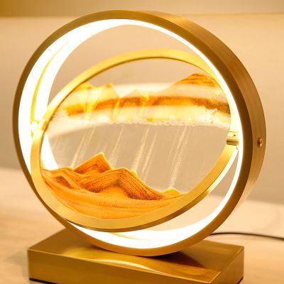 Glass Quicksand Painting, 3D Quicksand Art Sand Scene Dynamic Round Glass Sandscape Painting Desk Lamp Sand Painting Lamp (Color : Yellow-1, Size : 25x10x30cm)