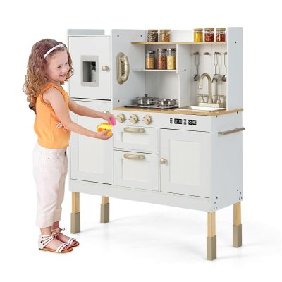 INFANS Kid Kitchen Playset, Toddler Wooden Pretend Cooking Set with Realistic Light & Sound, Stove, Sink, Microwave, Storage Cabinet, Play Kitchen Toy Set for Children Boys Girls