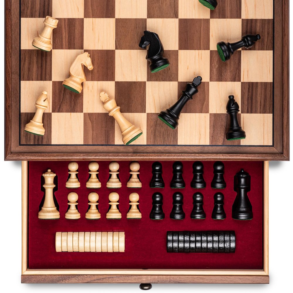 A&A 15 inch Walnut Wooden Chess Set with Storage Drawer, Triple Weighted Pieces, 3.0 inch King Height, Walnut & Maple Inlay, 2 Extra Queen, Classic 2 in 1 Chess and Checkers Board Game