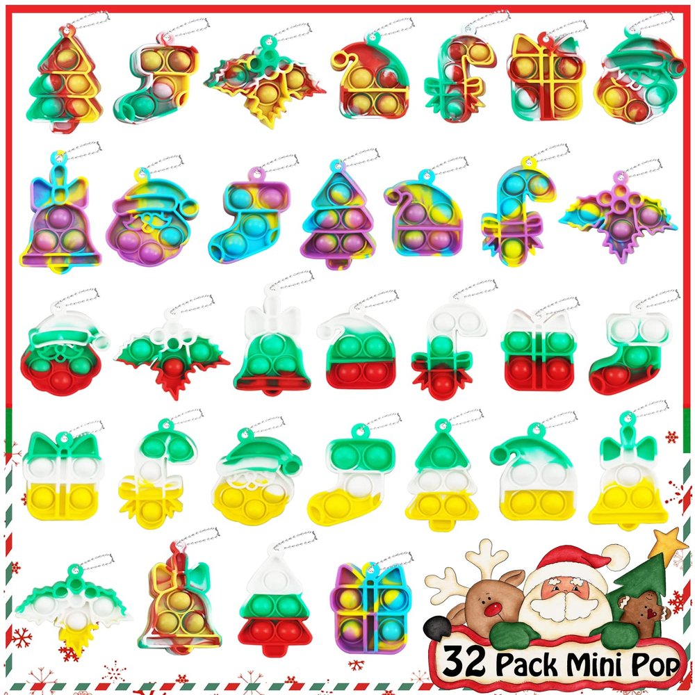 32 PCS Christmas Mini Pop Fidget Toys Pack, Party Favors, Christmas Stocking Stuffers, Pop Keychain Toys, Sensory Toys, Xmas Goodie Bag Stuffers Bulk for Kids Girls Boys, Classroom Prizes