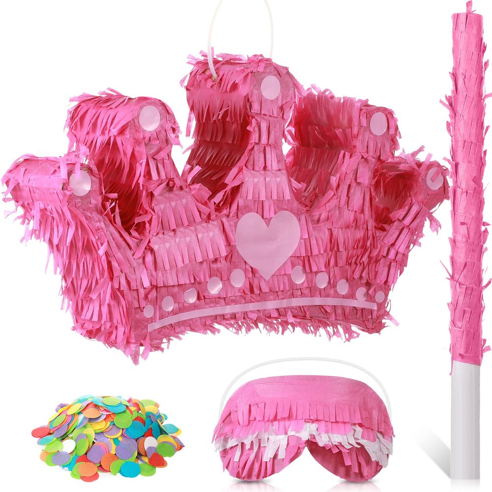 Sratte Princess Crown Piata with Blindfold, Bat and Confetti Small Pink Piata for Girls Kids Perfect Size for Birthday Party Princess Theme Party Decoration Supplies, 15.7 x 9 x 3 Inch