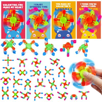 Feltom 28 Pack Valentines Day Gifts for Kids - Wacky Tracks Fidget Spinner with Valentine's day Greeting cards for kids, DIY Deformable Spinner Classroom Valentine's Party Favor, Exchange Prizes Gift