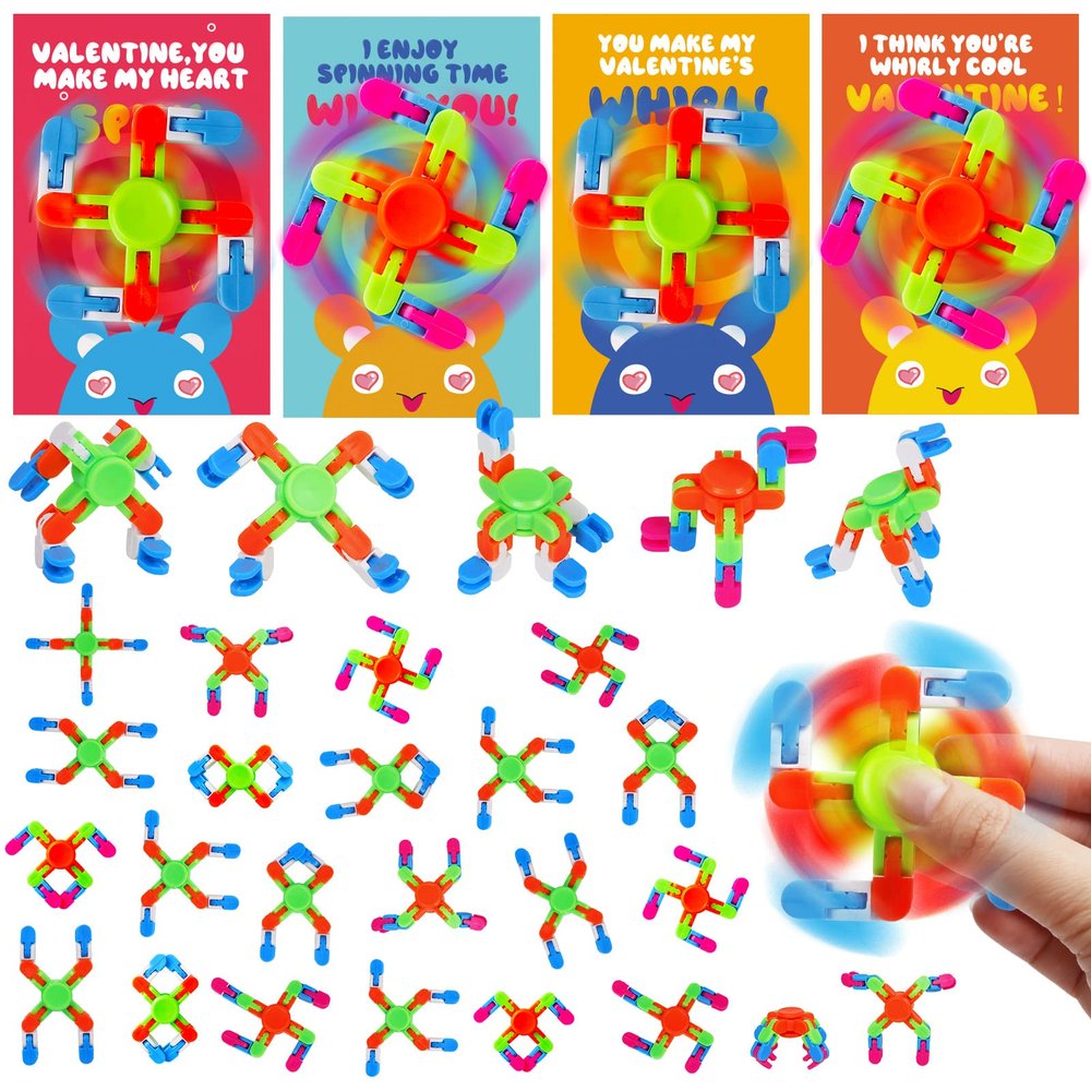 Feltom 28 Pack Valentines Day Gifts for Kids - Wacky Tracks Fidget Spinner with Valentine's day Greeting cards for kids, DIY Deformable Spinner Classroom Valentine's Party Favor, Exchange Prizes Gift