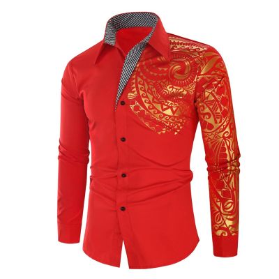 Men's Print Button Down Dress Shirt Shiny Golden Printed Long Sleeves Shirts Casual Slim Floral Nightclub Costume (Red,Large)