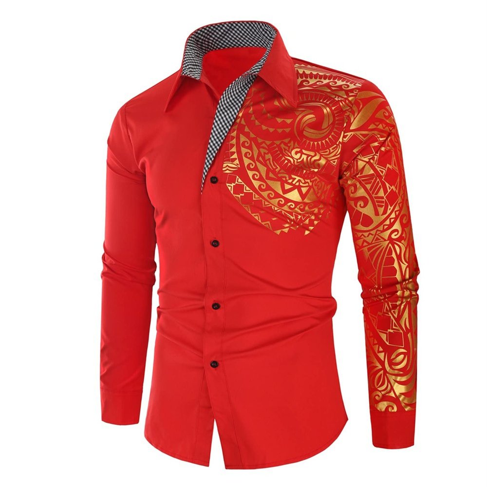 Men's Print Button Down Dress Shirt Shiny Golden Printed Long Sleeves Shirts Casual Slim Floral Nightclub Costume (Red,Large)