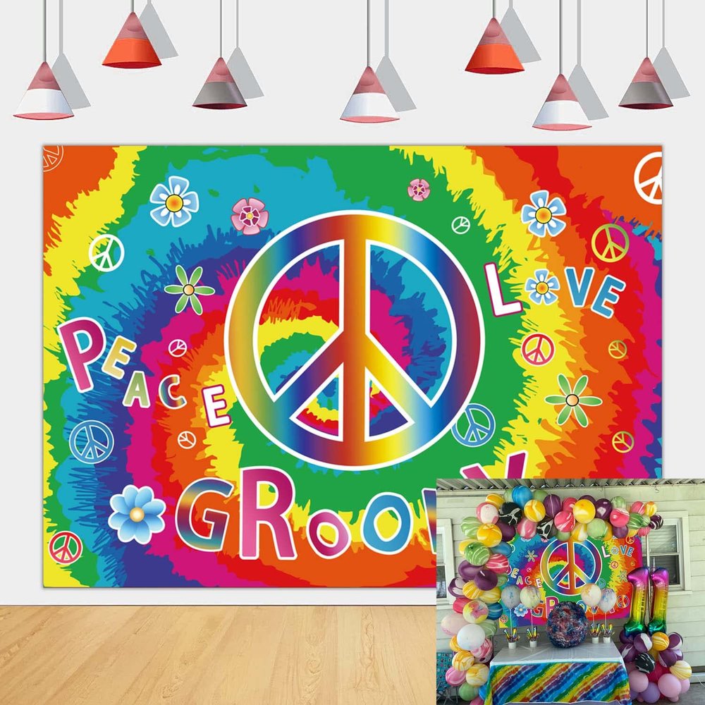 60's Hippie Party Decoration Banner,Large Groovy Theme Party Decoration Backdrop,Peace and Love Background for 70's Carnival Groovy Classroom Decor
