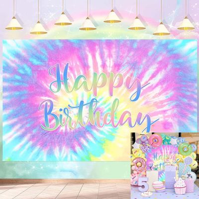 8x6ft Tie Dye Happy Birthday Backdrop Macaron Pastel Girls Birthday Background Rainbow Tie-Dye Theme Birthday Party Decorations Supplies Cake Table Banner