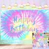 8x6ft Tie Dye Happy Birthday Backdrop Macaron Pastel Girls Birthday Background Rainbow Tie-Dye Theme Birthday Party Decorations Supplies Cake Table Banner view 1