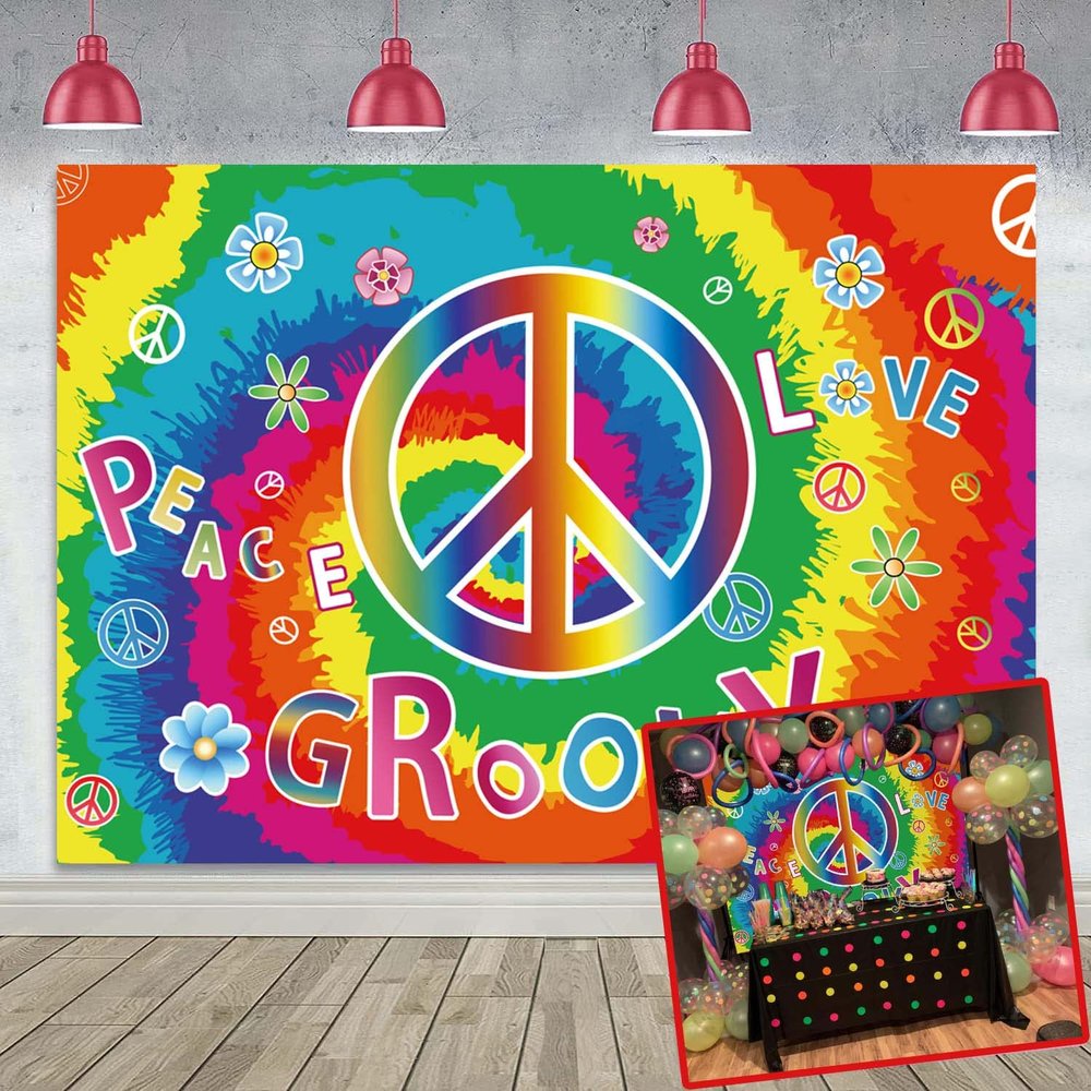 8X6FT 60's Hippie Theme Backdrop Peace Love Photography Background for 60's Hippie Theme Boho Carnival Party Decoration Banner