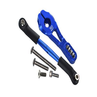 GPM 6PC Set Upgrades Aluminum Servo Horn 25T (4 Positioning Holes) W. Adjustable Steering Link for 1/10 TRX4 Defender Trail Crawler (82056-4) RC Cars (Blue)