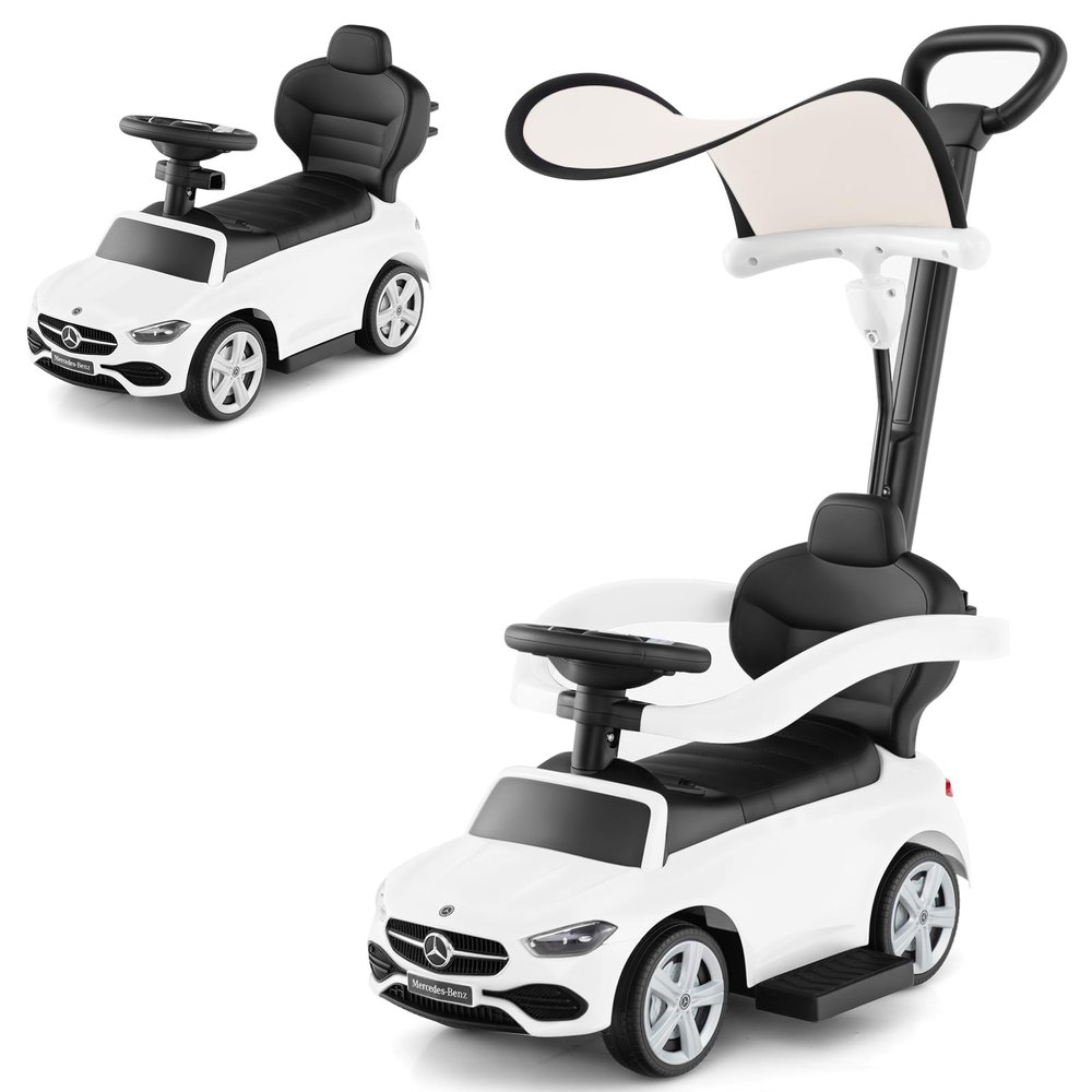 OLAKIDS Push Car for Toddlers, 3 in 1 Licensed Mercedes Benz Baby Sliding Walking with Parent Control Handle Adjustable Canopy Guardrail Under Seat Storage, Kids Ride on Toys with Horn (White)