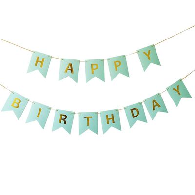 1 Set Mint Green Happy Birthday Banner Bunting Flags with 1 Ribbon Roll