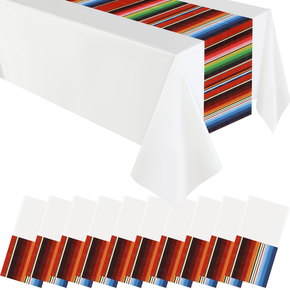 10 Pcs Mexican Fiesta Tablecloth Mexican Table Runner 108 x 54 Inch Plastic Striped Theme Party Decor Fiesta Colorful Striped Table Cover for Cinco De Mayo Party(White)