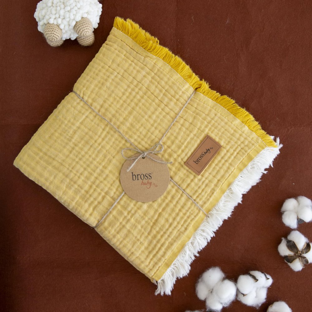100% Cotton Unisex Baby Muslin Cover, 4 Layers, 100 * 120 cm, Swaddle Blanket for Newborn Babies, Baby Muslin Blanket Soft (Mustard)