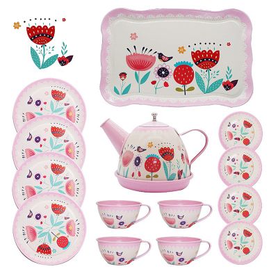 Pink Tea Set for Little Girls,Flower Design Tea Party Set,Princess Tea Time Toys Teapot Dishes Kitchen Pretend Play Tin Tea Party Set for Girls