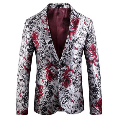 Men's Floral Jacquard Dress Suit Jacket 1 Button Paisley Embroidered Tuxedo Shawl Lapel Blazer for Dinner,Wedding (White,5X-Large)