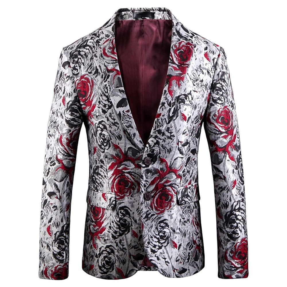 Men's Floral Jacquard Dress Suit Jacket 1 Button Paisley Embroidered Tuxedo Shawl Lapel Blazer for Dinner,Wedding (White,5X-Large)