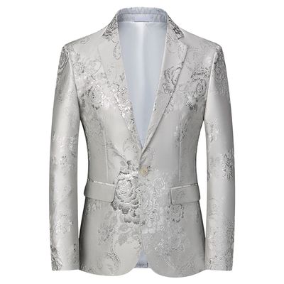 Mens Notched Lapel Dress Floral Suit Luxury Printed Slim Fit Stylish Blazer Casual Single Breasted Wedding Jacket (White,Large)