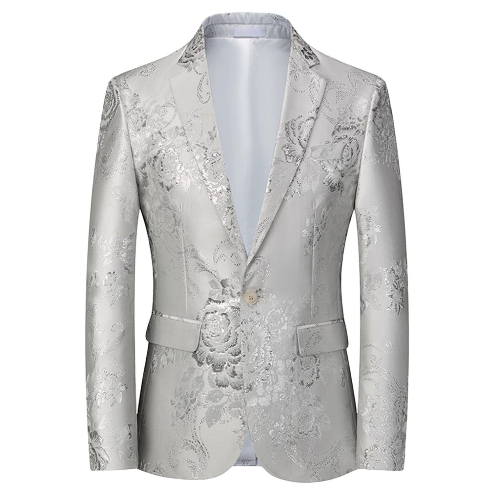 Mens Notched Lapel Dress Floral Suit Luxury Printed Slim Fit Stylish Blazer Casual Single Breasted Wedding Jacket (White,Large)