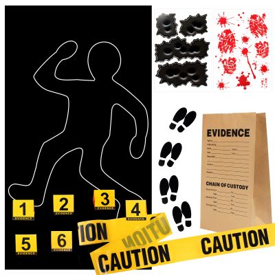 Keymall 15 Pcs Crime Scene Decoration Includes Body Silhouette Caution Tape Evidence Marker Bag Footprint Bullet Hole Stickers For Halloween CSI Theme Murder Mystery Dinner Party Room Decor